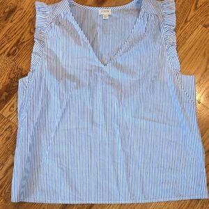 J. Crew Light Blue and White Striped V-Neck Ruffle Sleeve Tank L